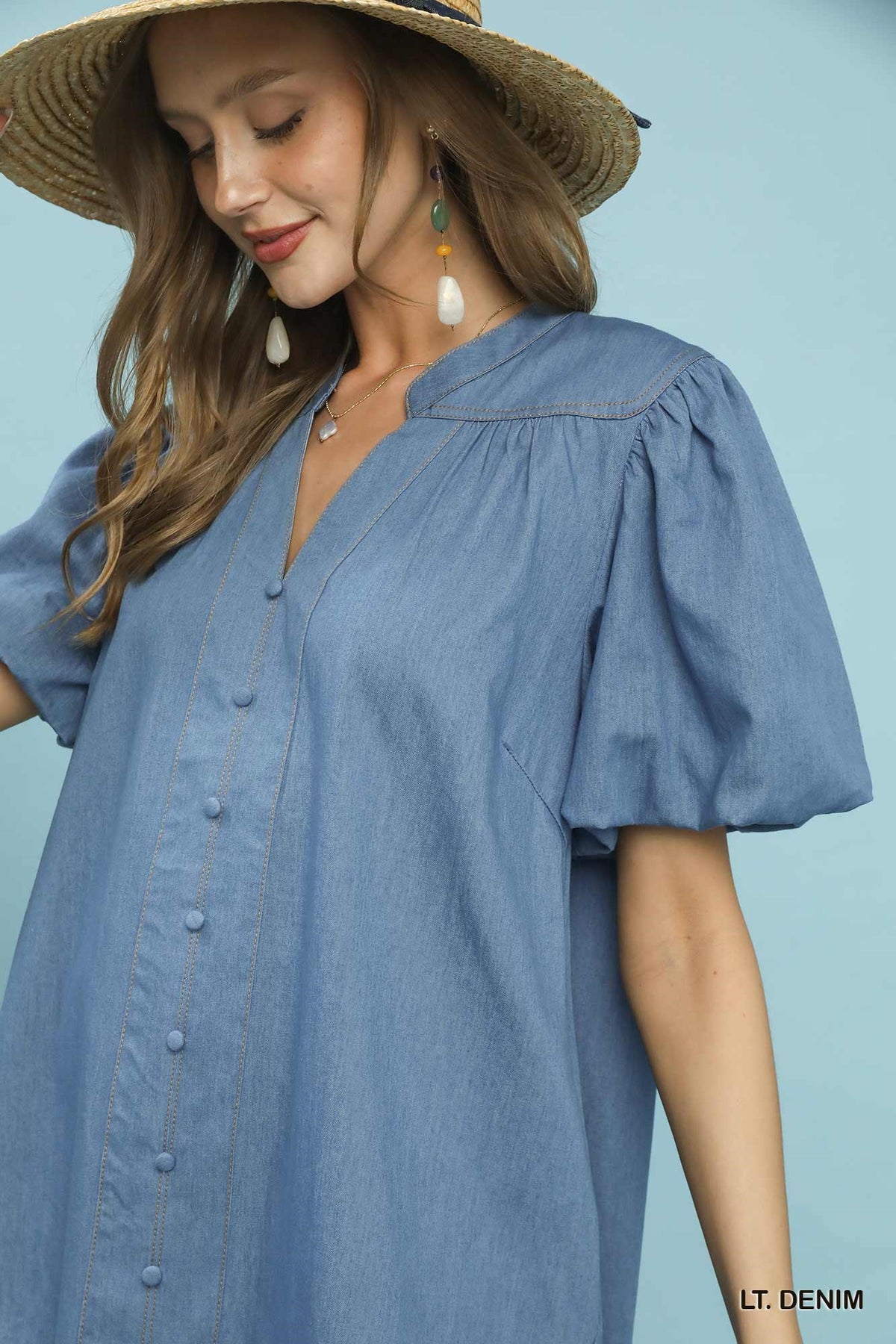 Chambray Puff Sleeve Dress in Light Denim on model