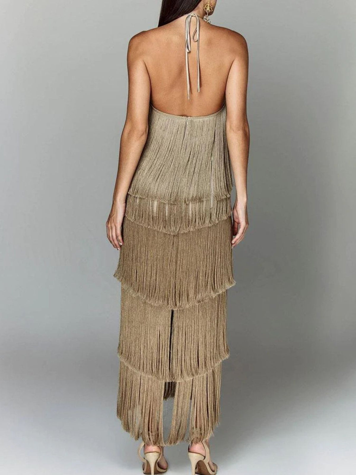 Halter fringe dress waist and hip view