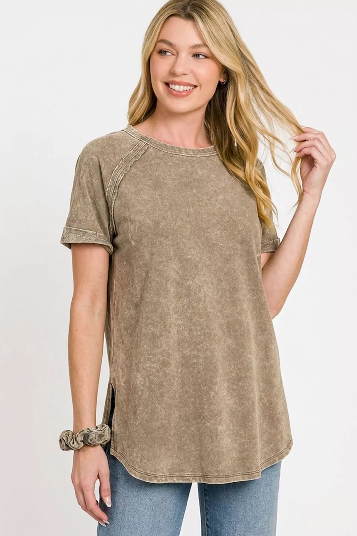 Zenana mocha french terry curved hem top, back view