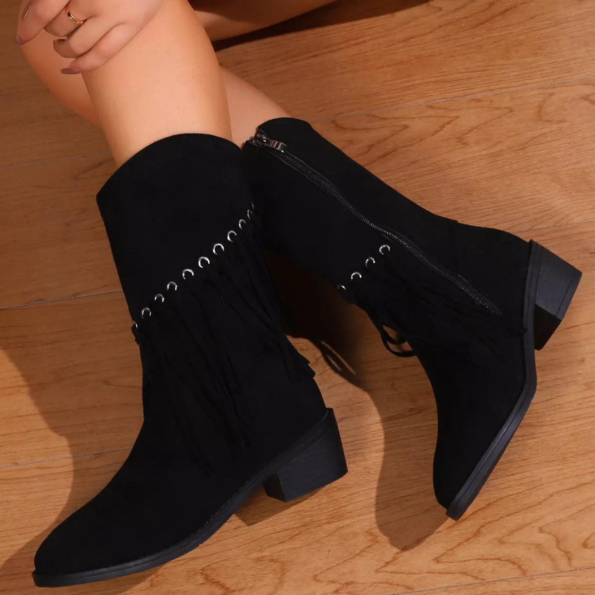Fringe Western Block Heel Boots back view