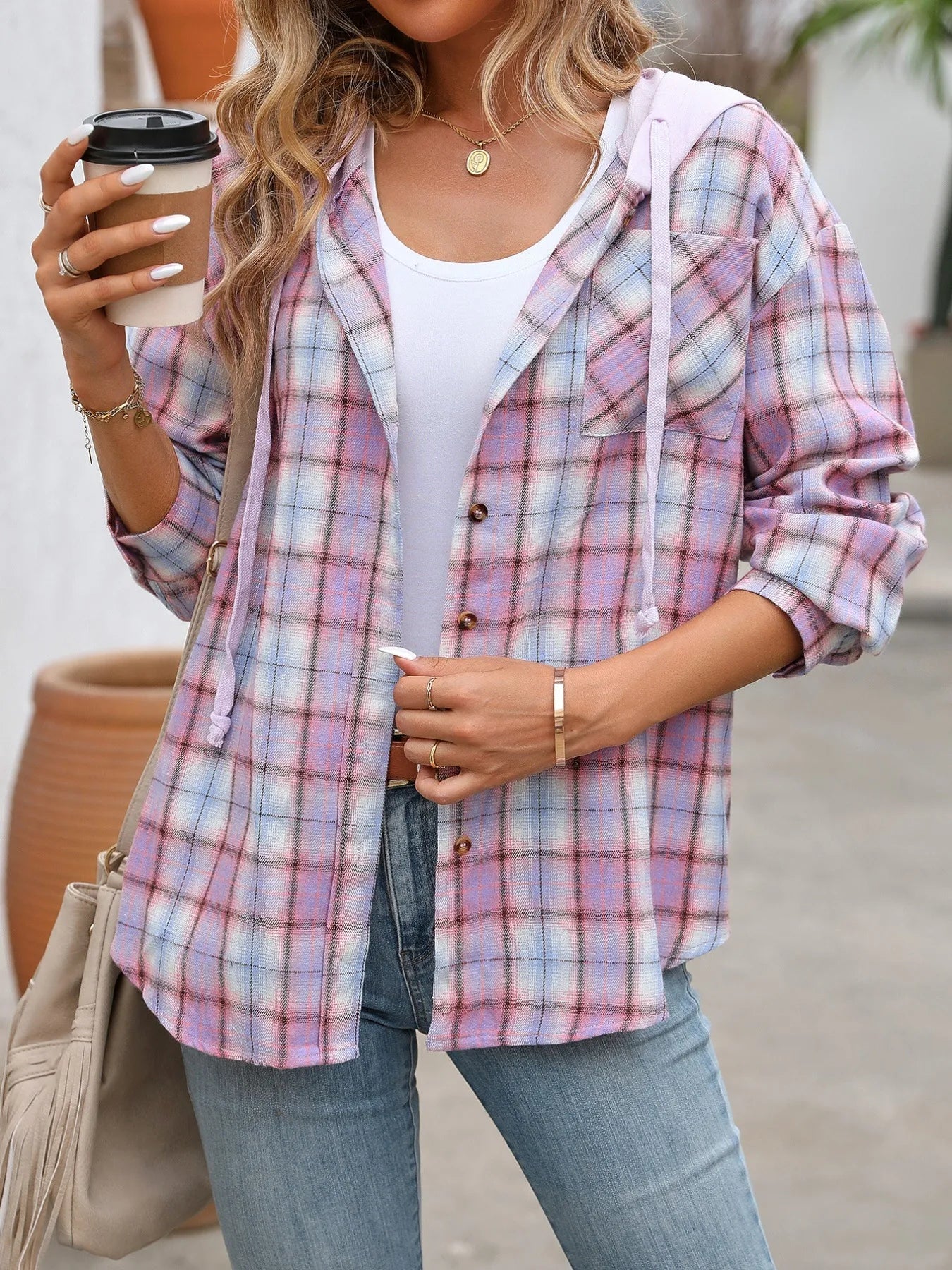 Plaid Button-Up Hooded Shirt - Fashorio