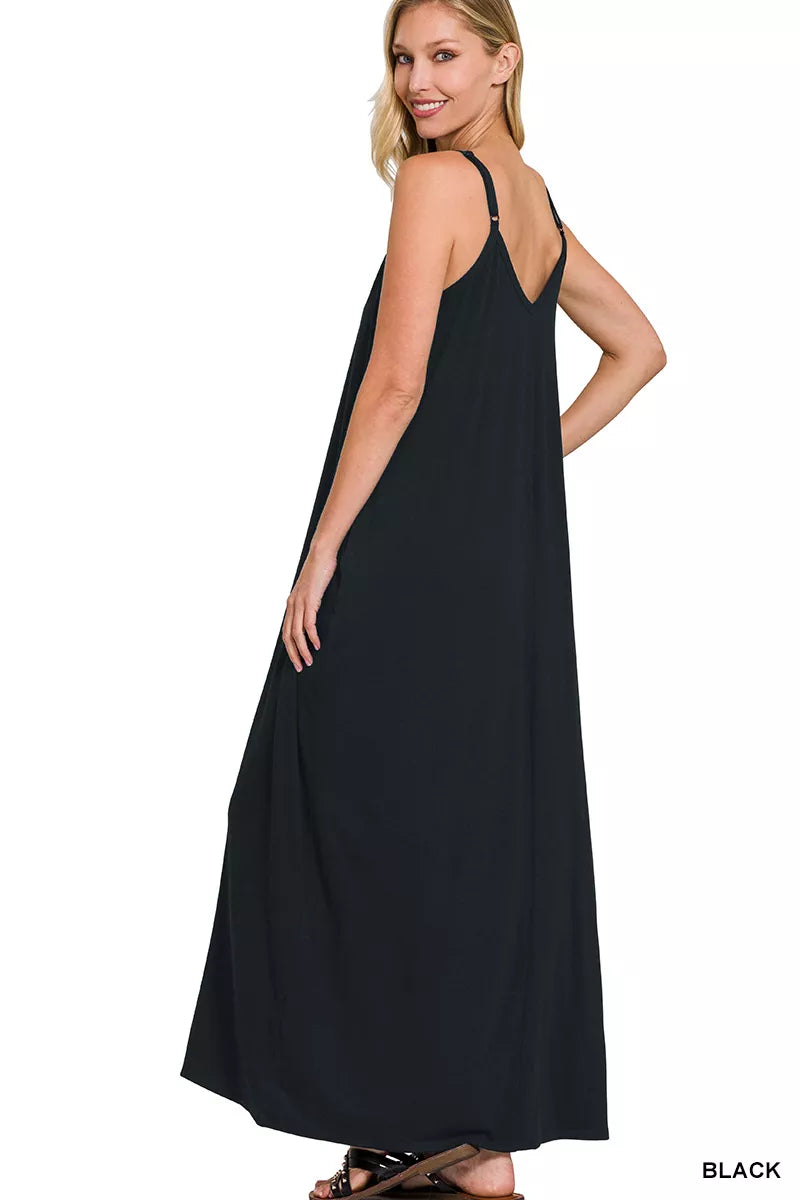 Black V neck cami maxi dress with pockets back view