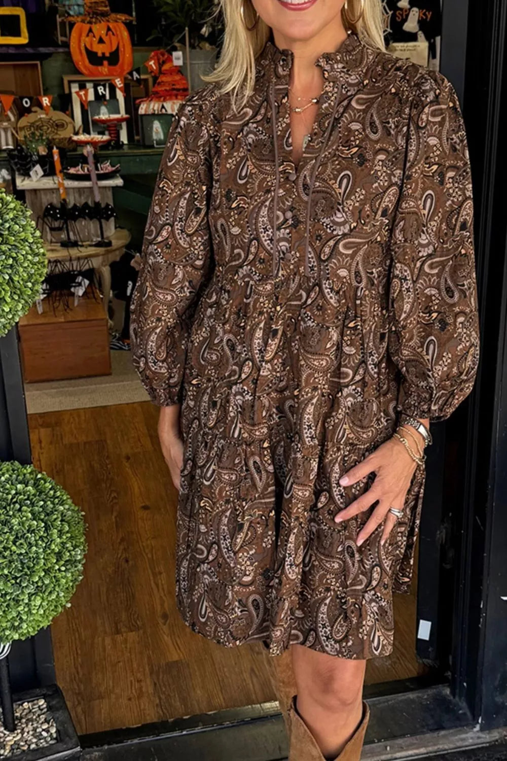 Paisley print notched mini dress front view