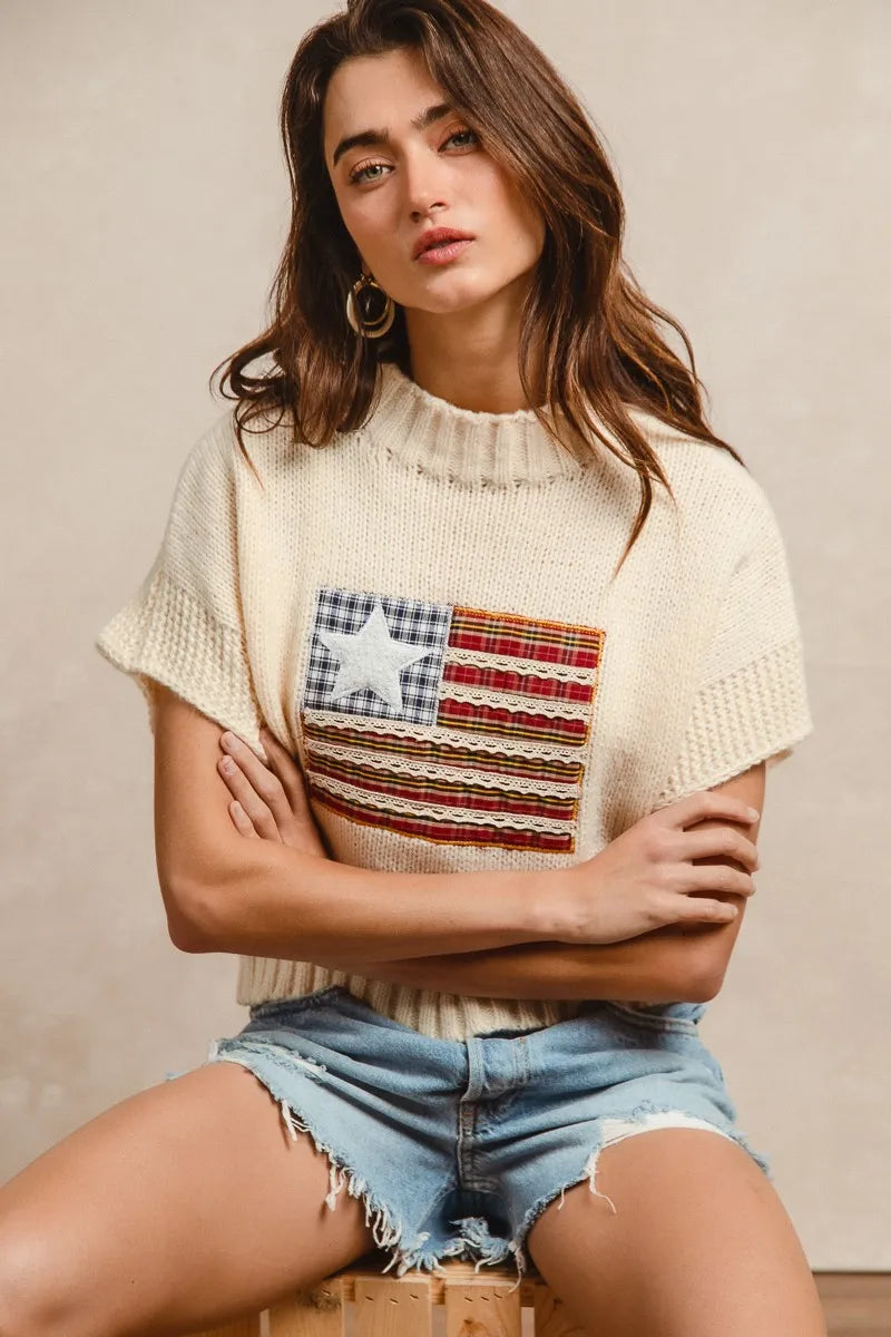 BiBi American Flag Patchwork Drop Shoulder Sweater - Fashorio