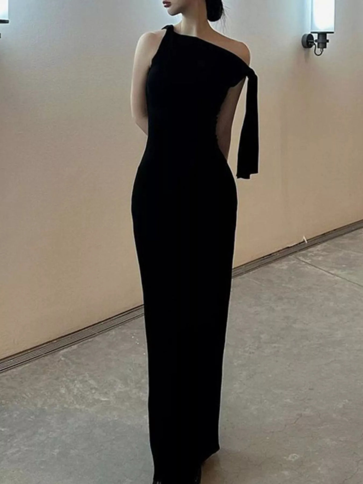 Draped maxi dress profile view