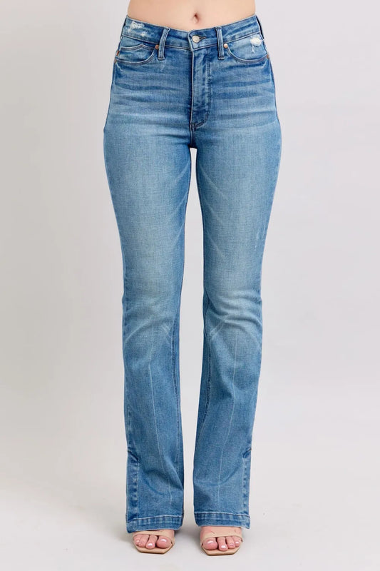 Judy Blue HW Tummy Control Vintage Wash Side Slit Slim Boot Jeans Medium - Fashorio