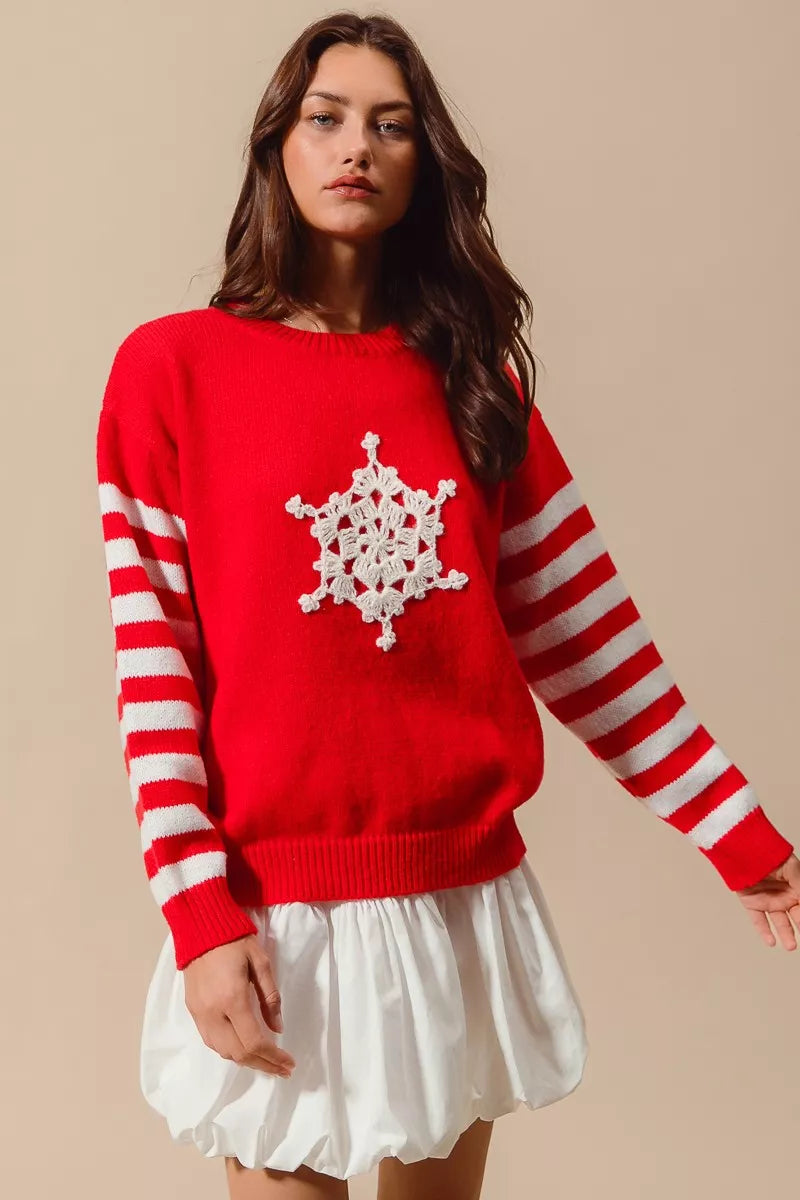 Snowflake Crochet Christmas Sweater in Red and Ivory side view