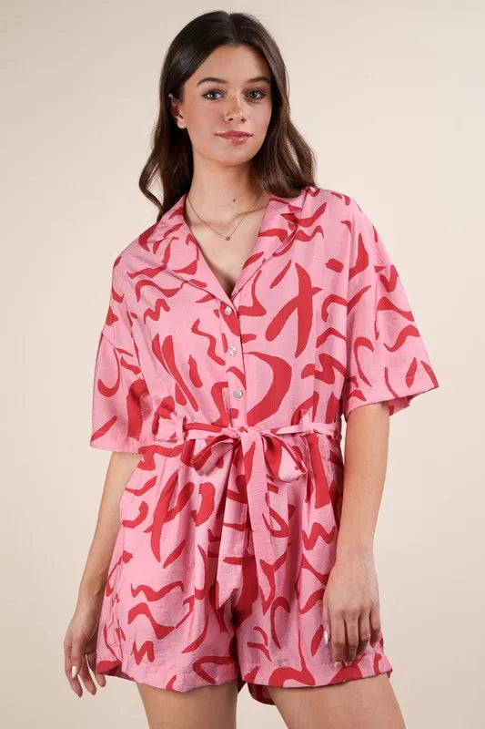 Oversized Printed Button Down Resort Romper on model