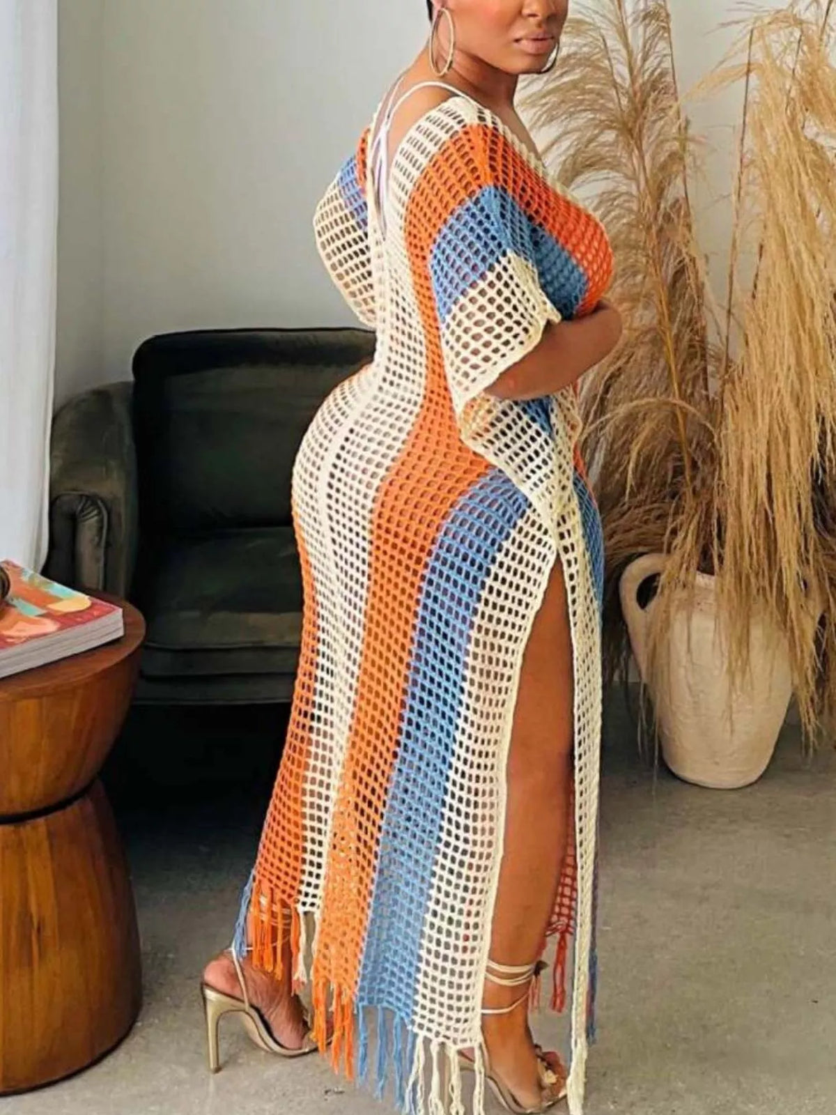 Sherbet striped crochet cover up dress fringe detail