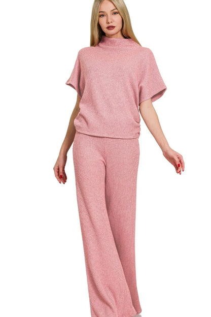 Zenana Sweater Mock Neck Top & Long Pants Set - Fashorio