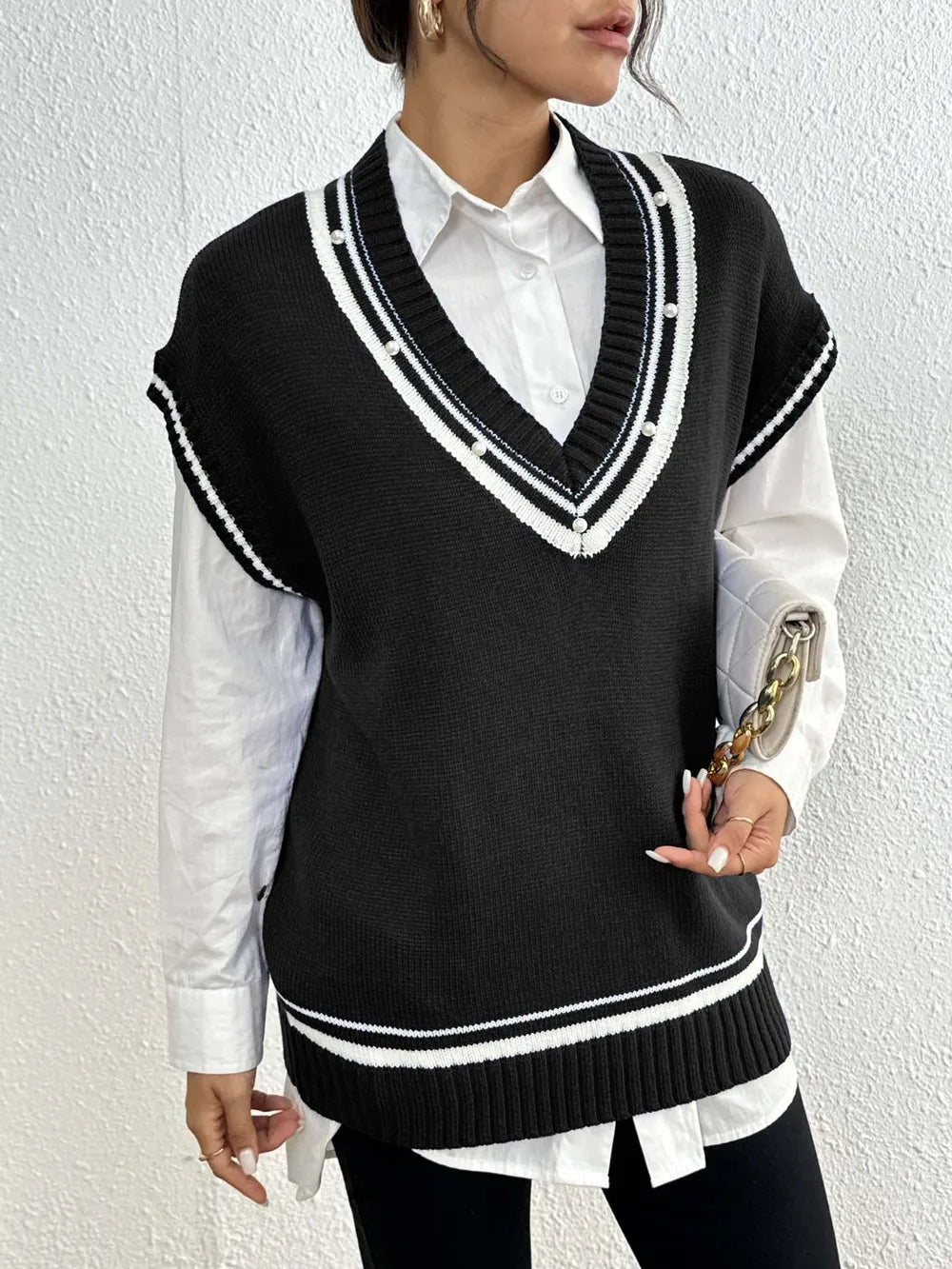 Pearl Trim Contrast V Neck Sweater Vest in Brown view 7