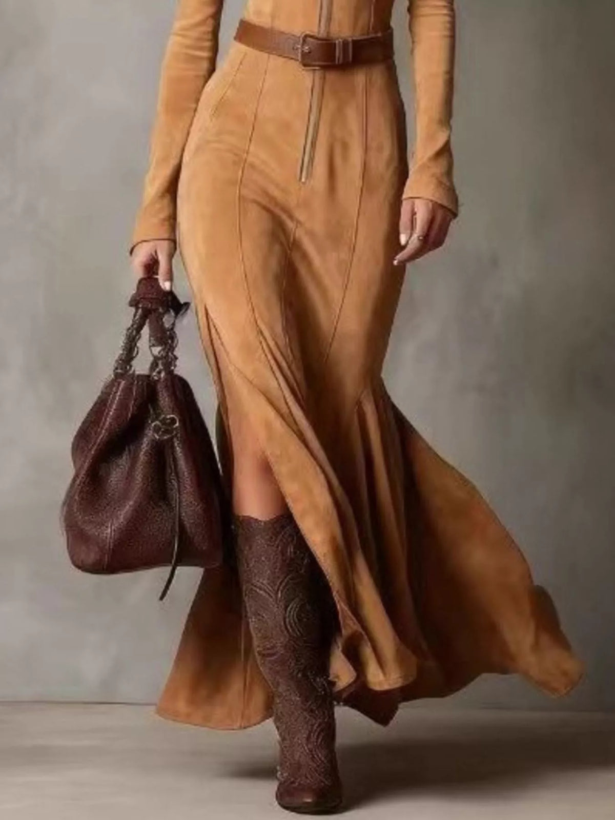 Zip front slit long sleeve maxi dress styled look