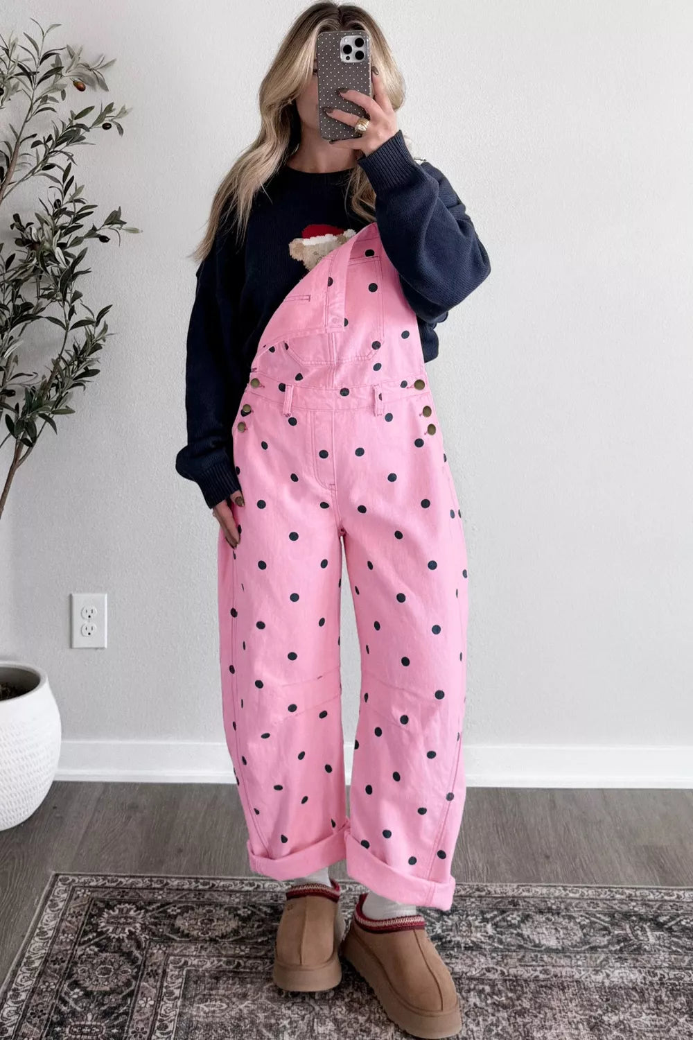 Polka dot denim barrel overalls front view