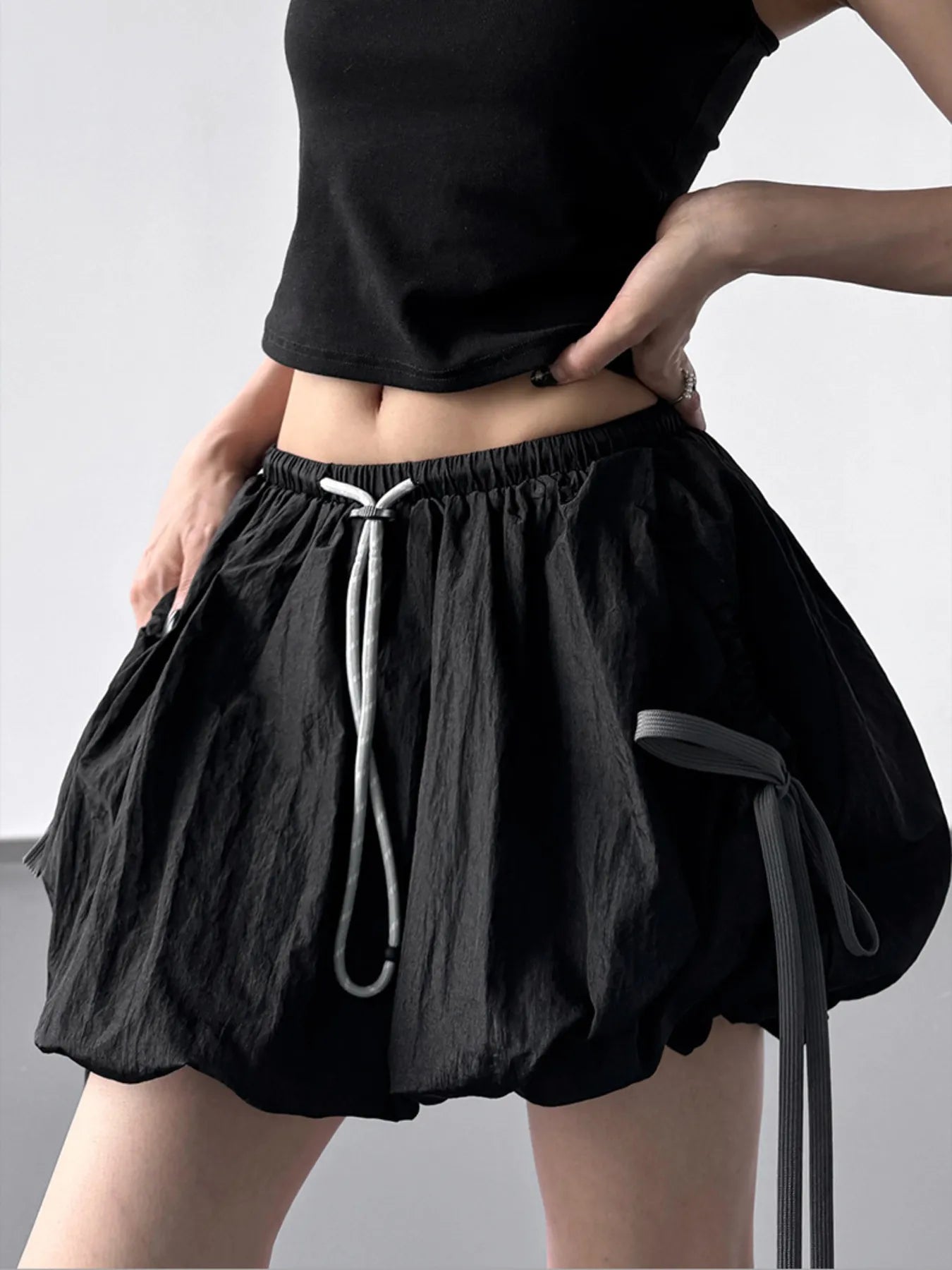 Bubble Drawstring Casual Shorts Black - Fashorio