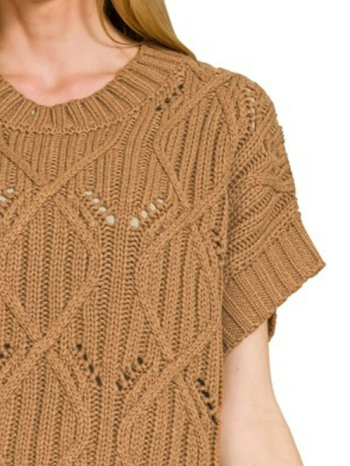 Cable Knit Short Sleeve Sweater in Camel side view