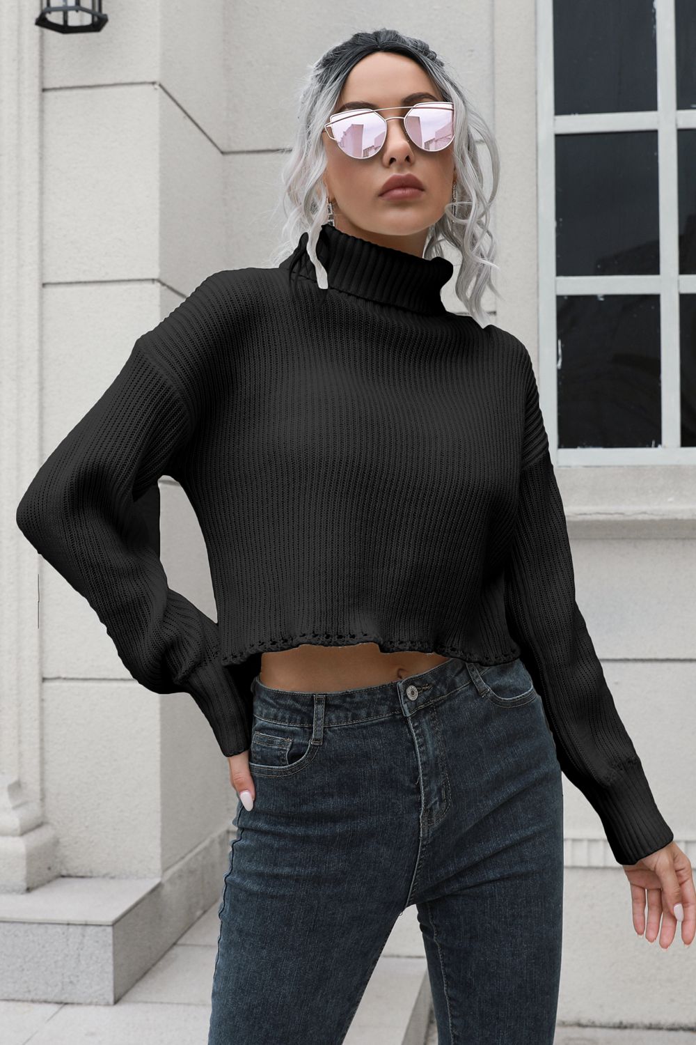 Turtleneck Dropped Shoulder Sweater Black - Fashorio