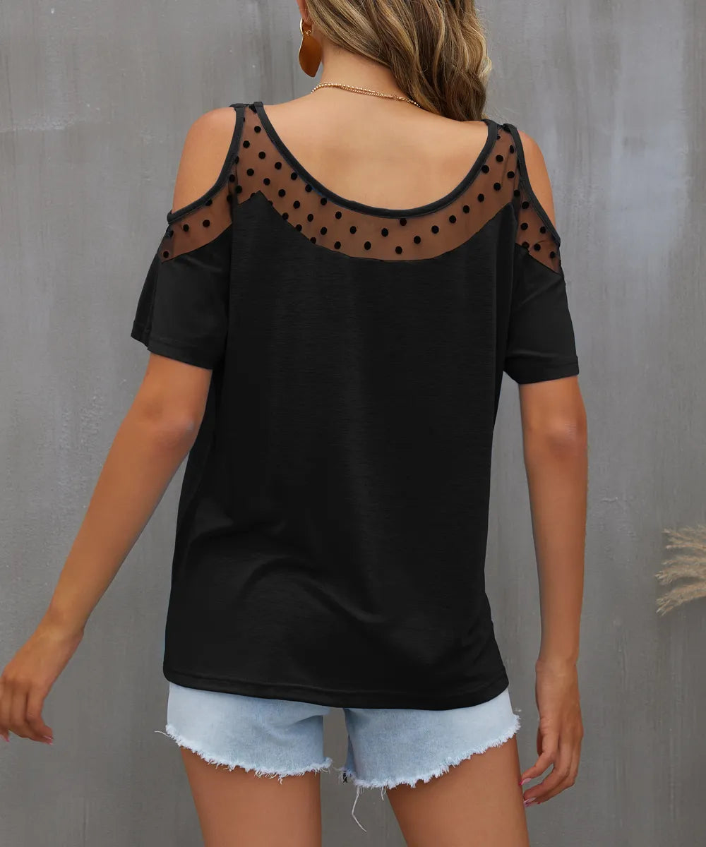 Cold Shoulder Mesh Polka Dot Top - Fashorio