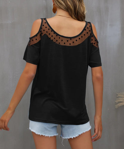 Cold Shoulder Mesh Polka Dot Top - Fashorio