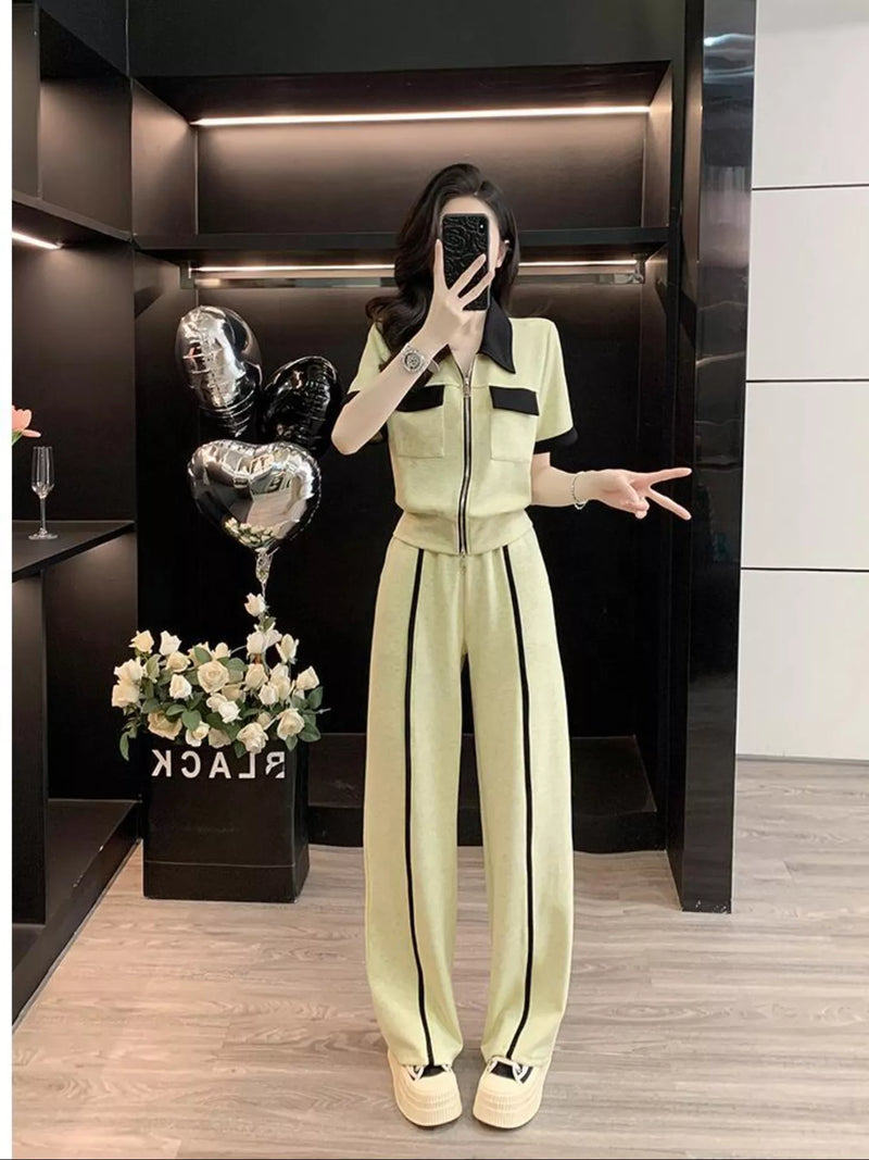 Beige contrast zip up top and wide leg pants set front view