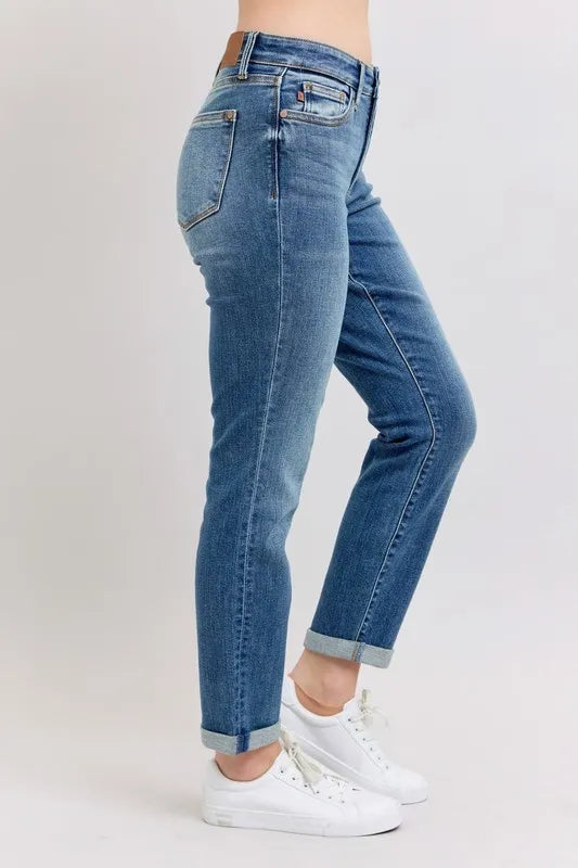 Judy Blue Mid Rise Skinny Cuff Jeans with Pockets back view