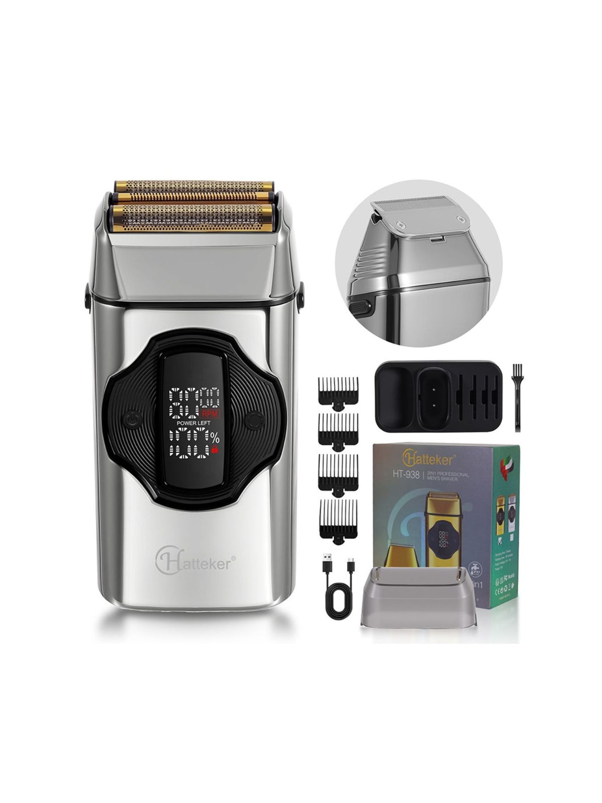 Rechargeable shaver held in hand for scale