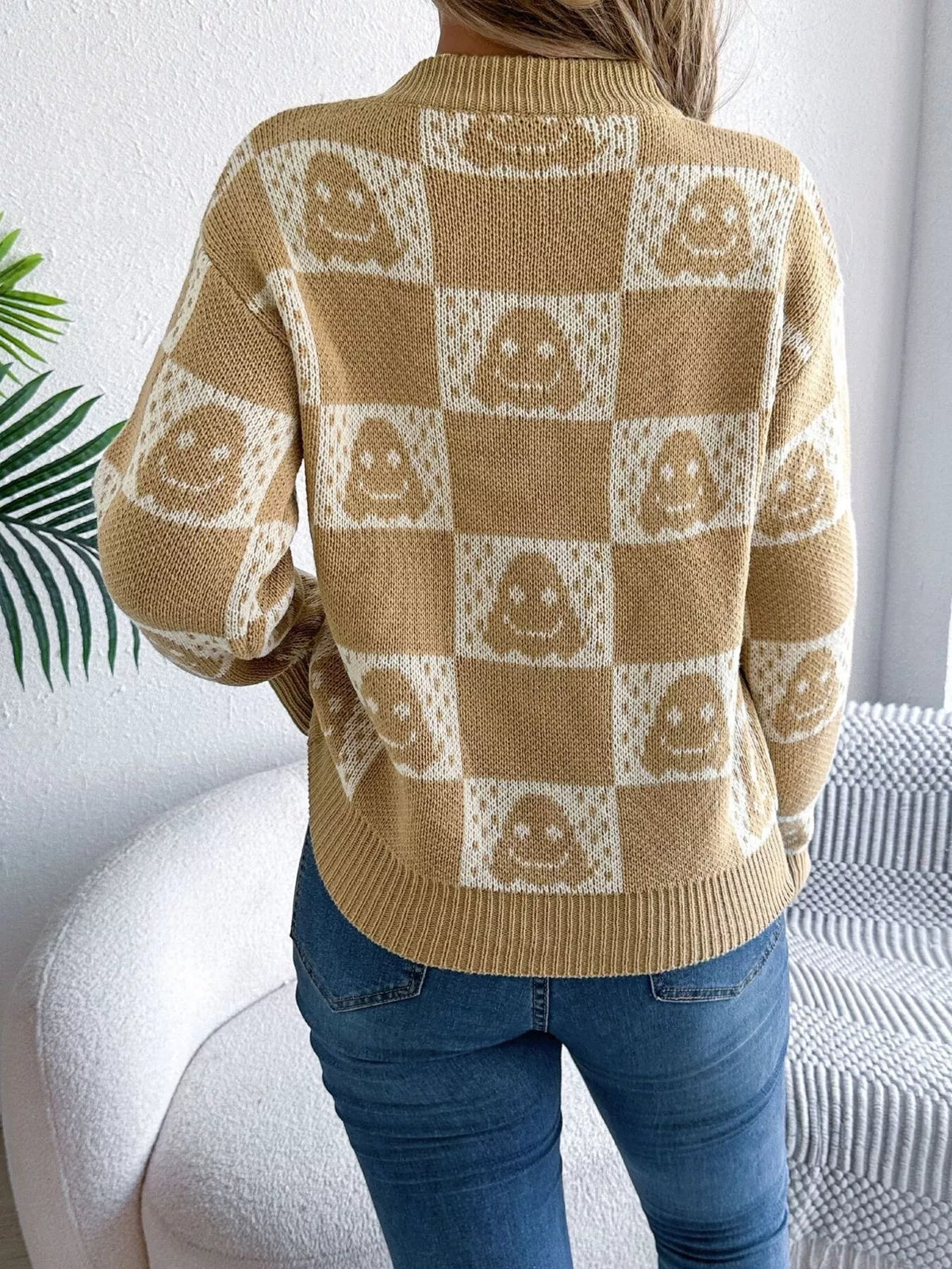Halloween Ghost Check Round Neck Sweater view 7