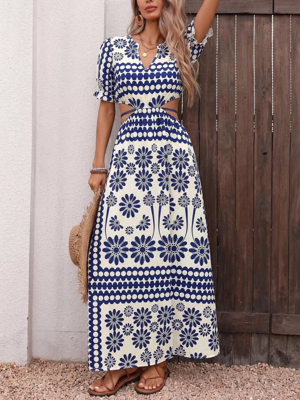 navy blue floral cutout waist maxi dress side view