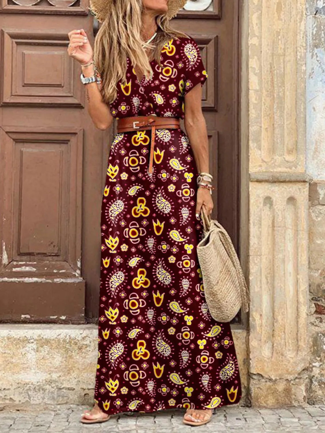 Printed V Neck Short Sleeve Maxi Dress view 12