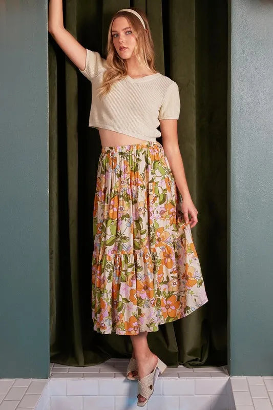 Mittoshop Flower Print Elastic Waist Tiered Skirt - Fashorio