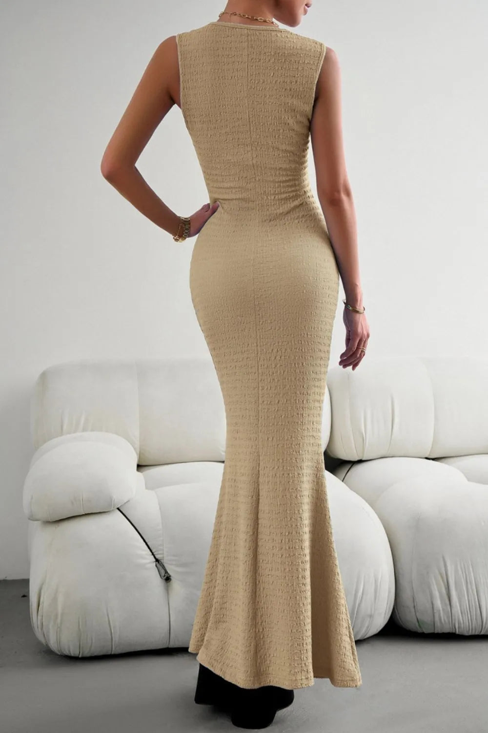 Sleeveless fishtail maxi dress back detail