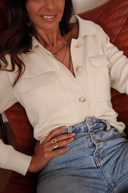 Button Up Long Sleeve Cardigan with Chest Pockets - Fashorio