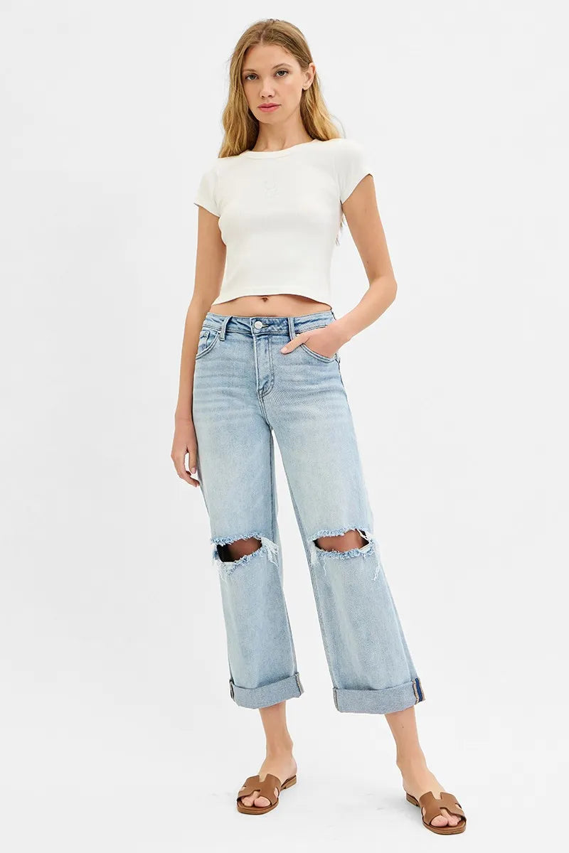 RISEN Full Size Mid Rise Fit Boyfriend Jeans with Cuff Plus Size - Fashorio