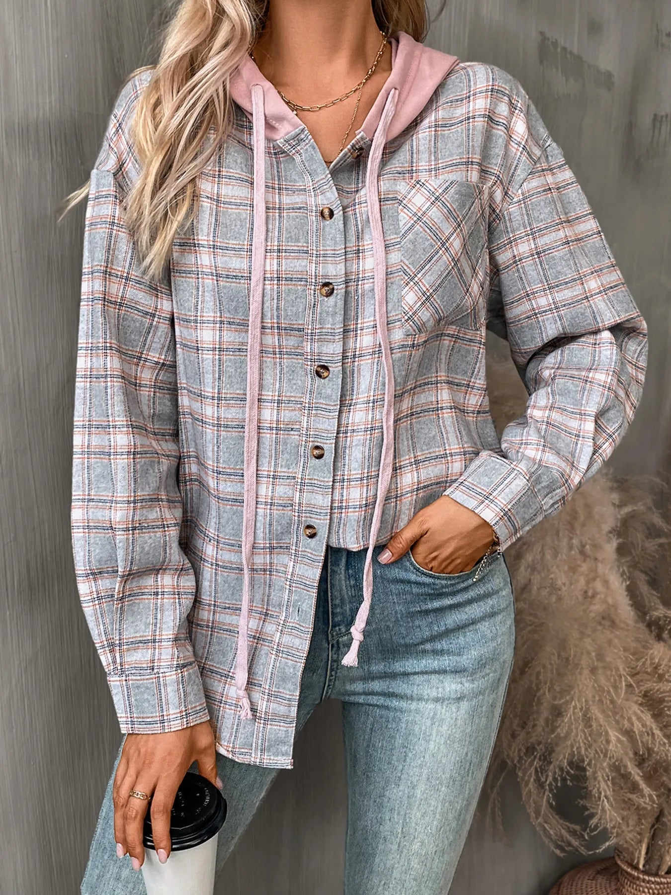 Plaid Button-Up Hooded Shirt - Fashorio