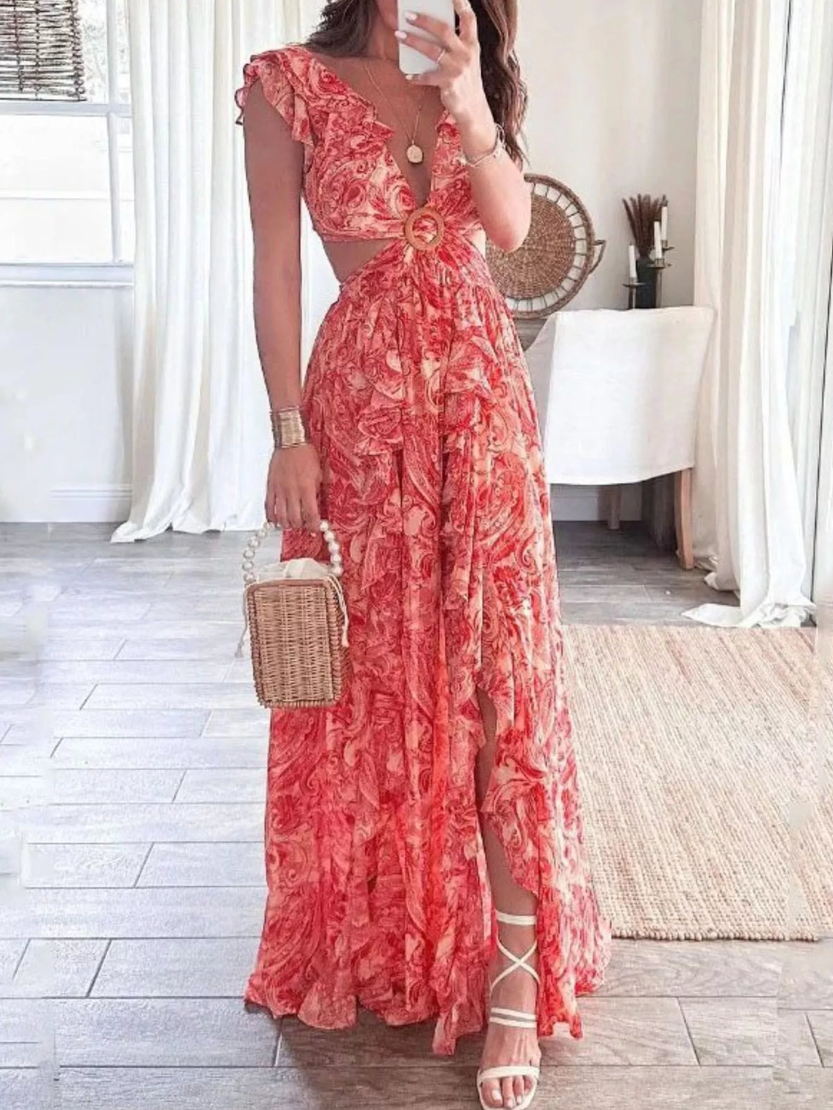 Ruffled cutout V neck maxi dress detail of the fabric and print