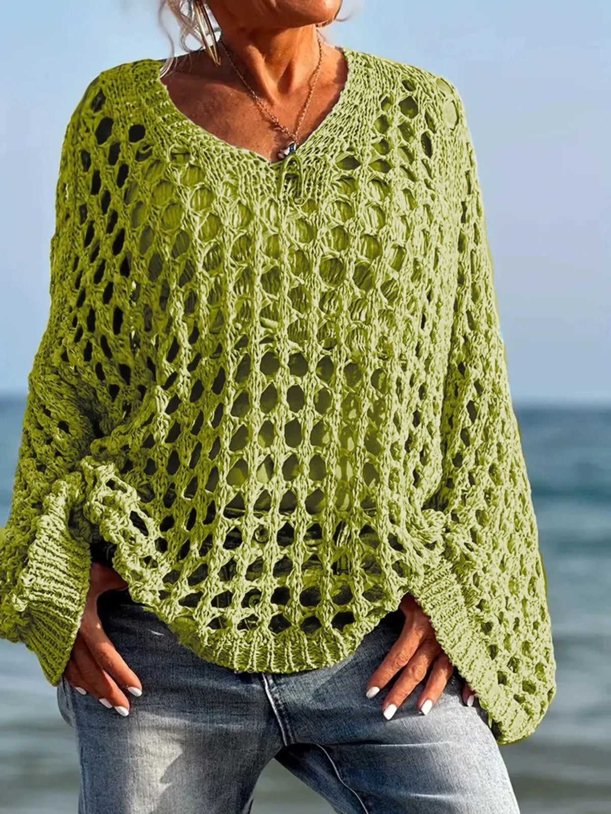 Crochet long sleeve knit cover up, front view