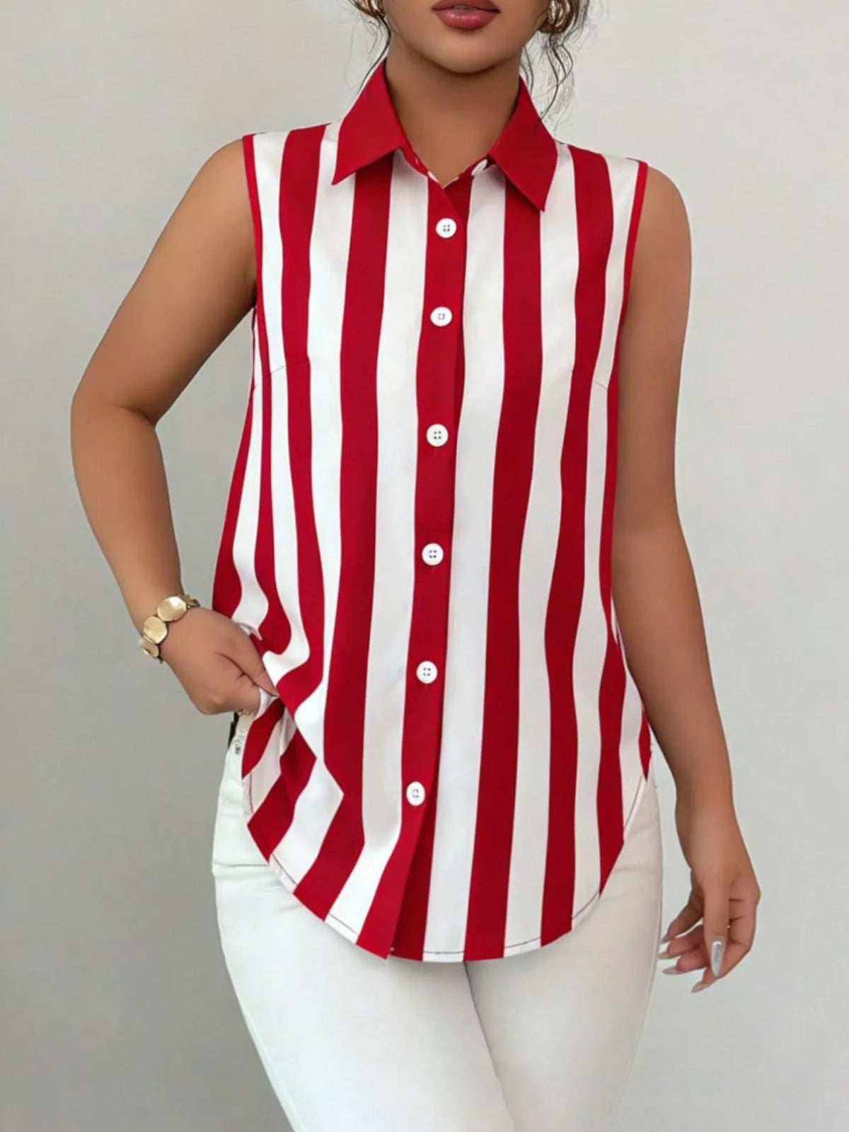 Button up sleeveless shirt color option shown from the side