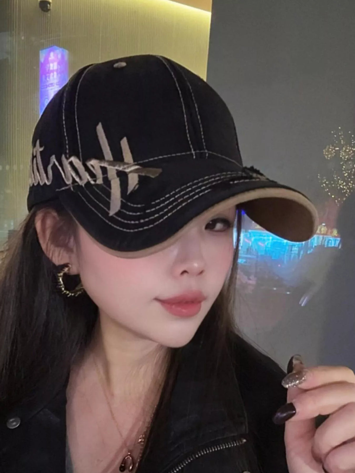 Close up of the embroidery on the cap front panel