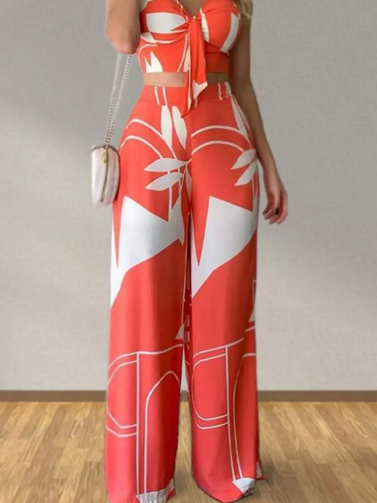 Tropical print two piece set close up