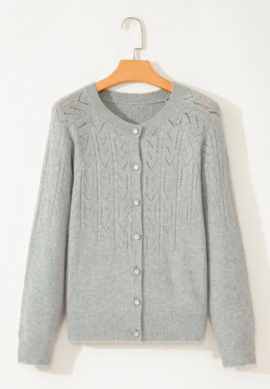 Openwork Button Down Long Sleeve Cardigan - Fashorio