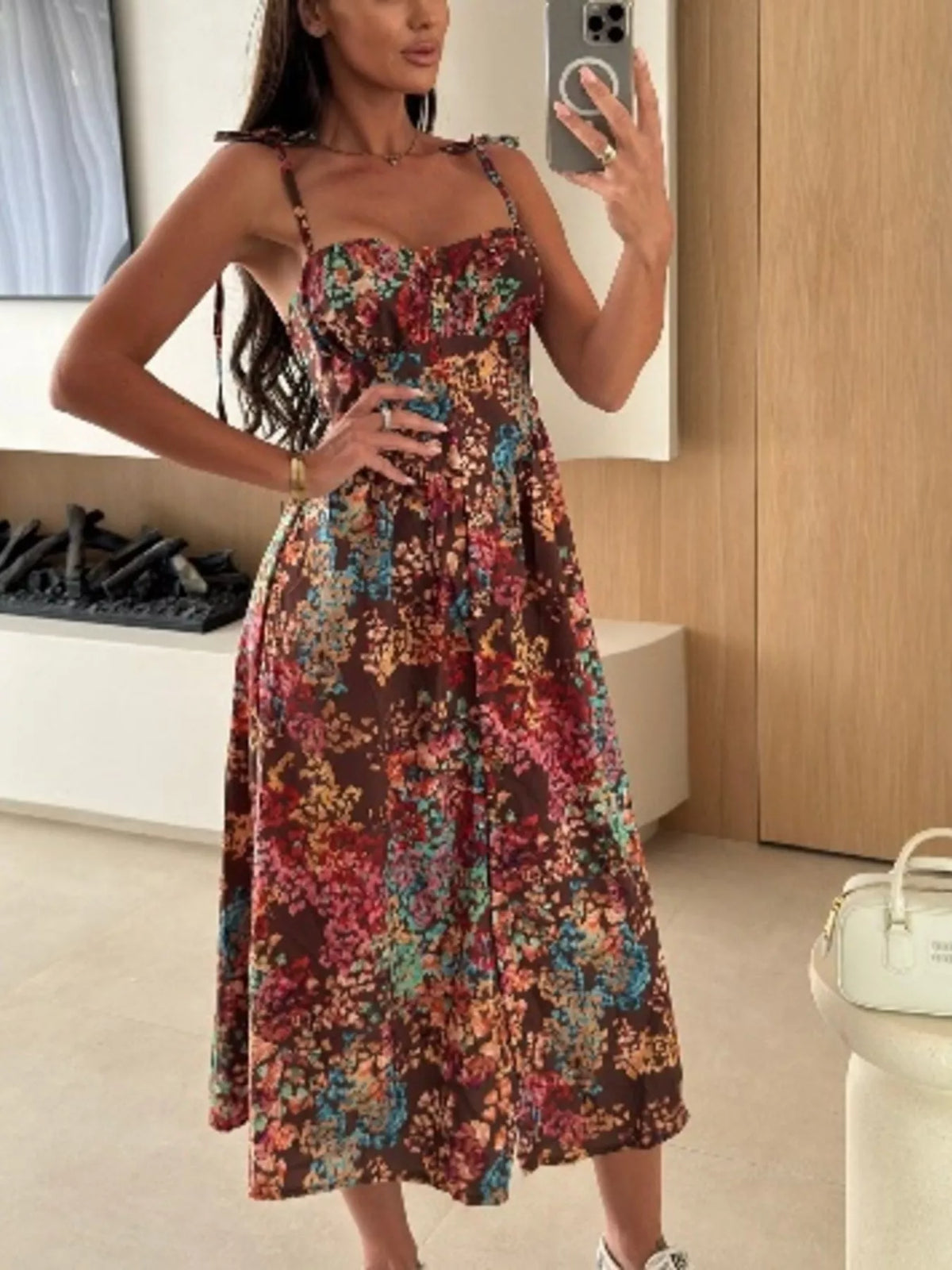 Printed tie strap midi dress full length view