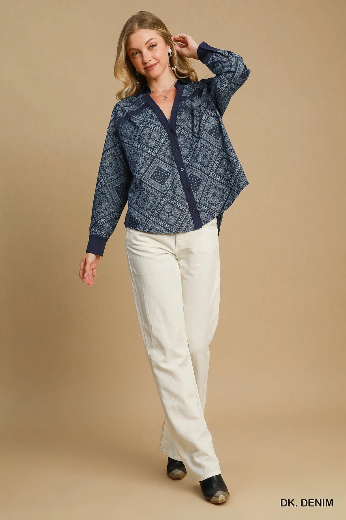 Back view of the dark blue quilted denim jacket