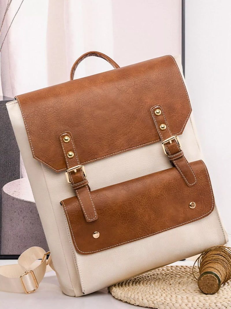 Two tone buckle PU leather backpack in beige white front view
