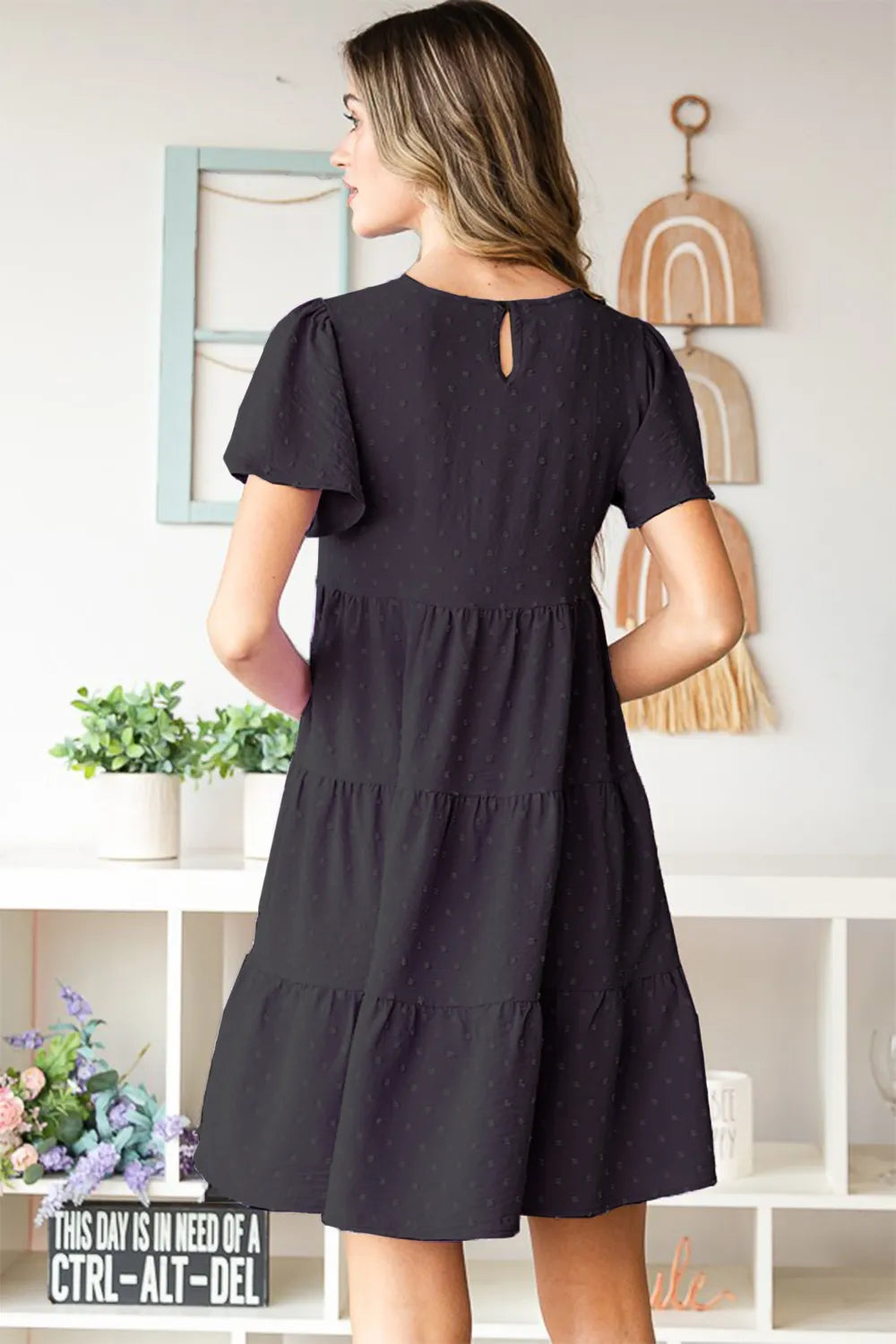 Swiss Dot Short Sleeve Tiered Dress back view
