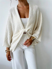 Twist-Front Textured Knit Cardigan Ivory - Fashorio