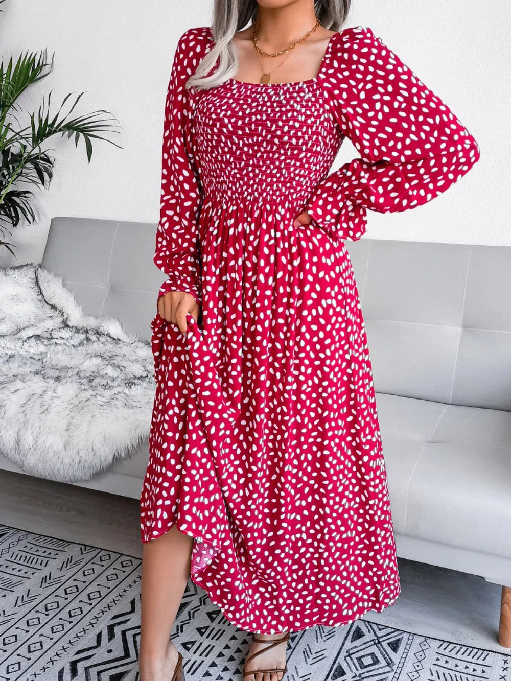 Smocked square neck flounce sleeve dress fabric detail