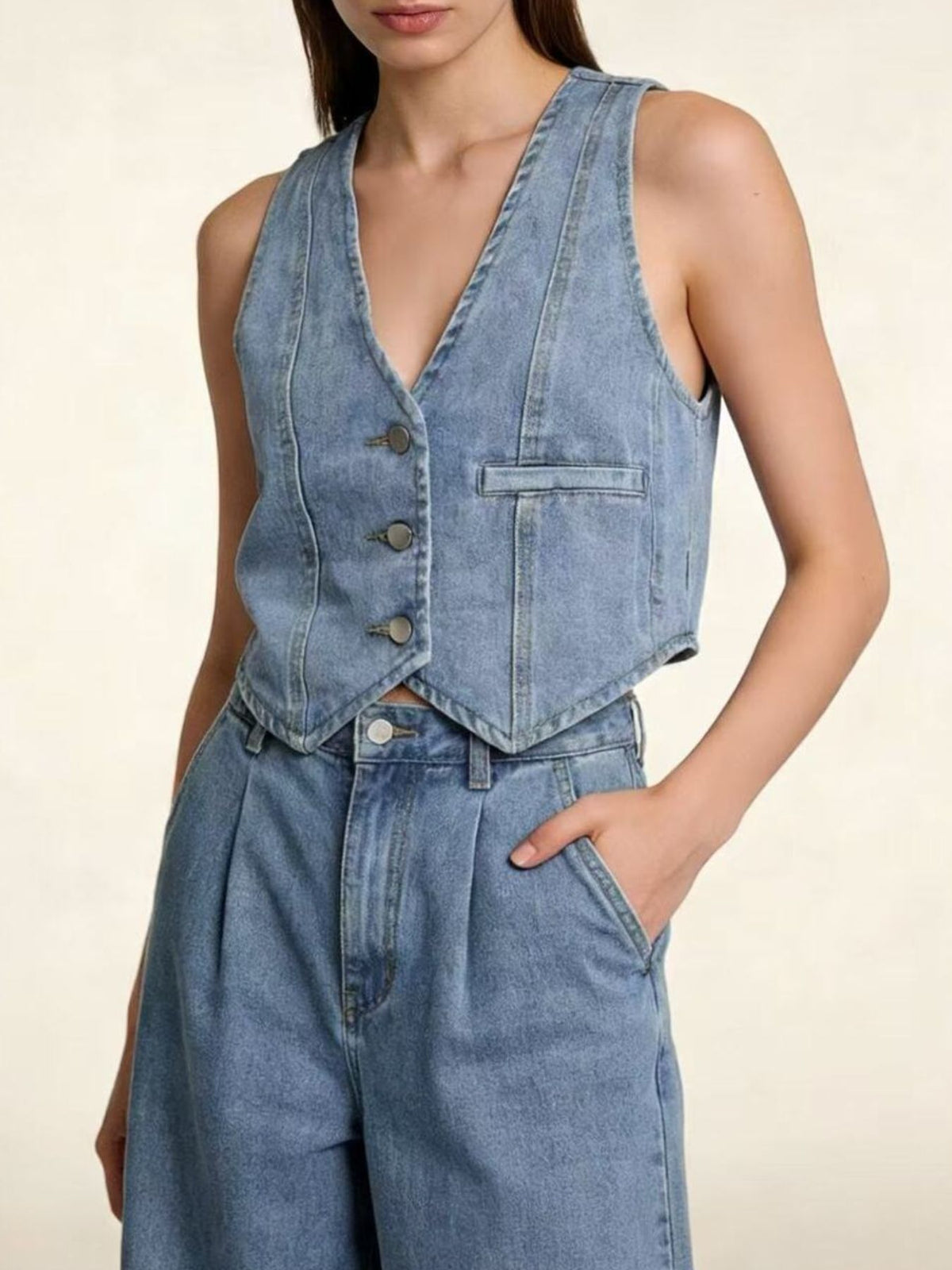 Button Down Denim Vest in Dark Blue view 9