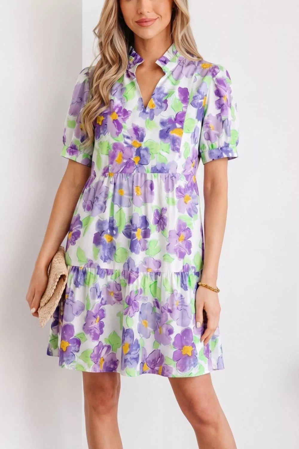 Lilac floral V collar tiered ruffle mini dress styled view