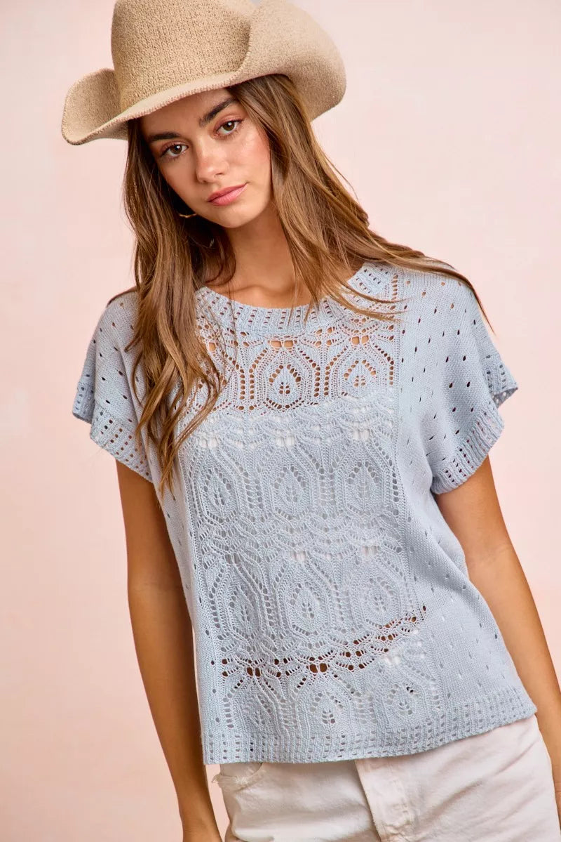 Washed Eyelet Short Sleeve Knit Top, view 9