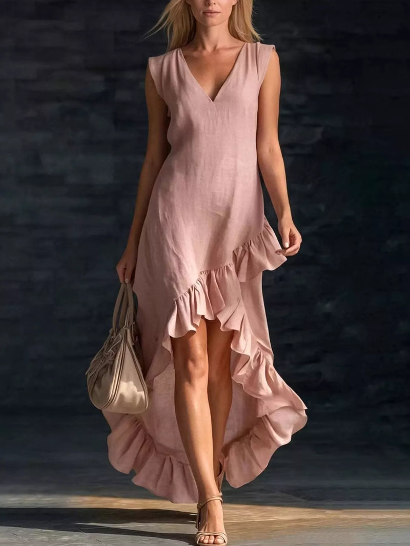 Belinda V neck ruffle hem high low dress, front view