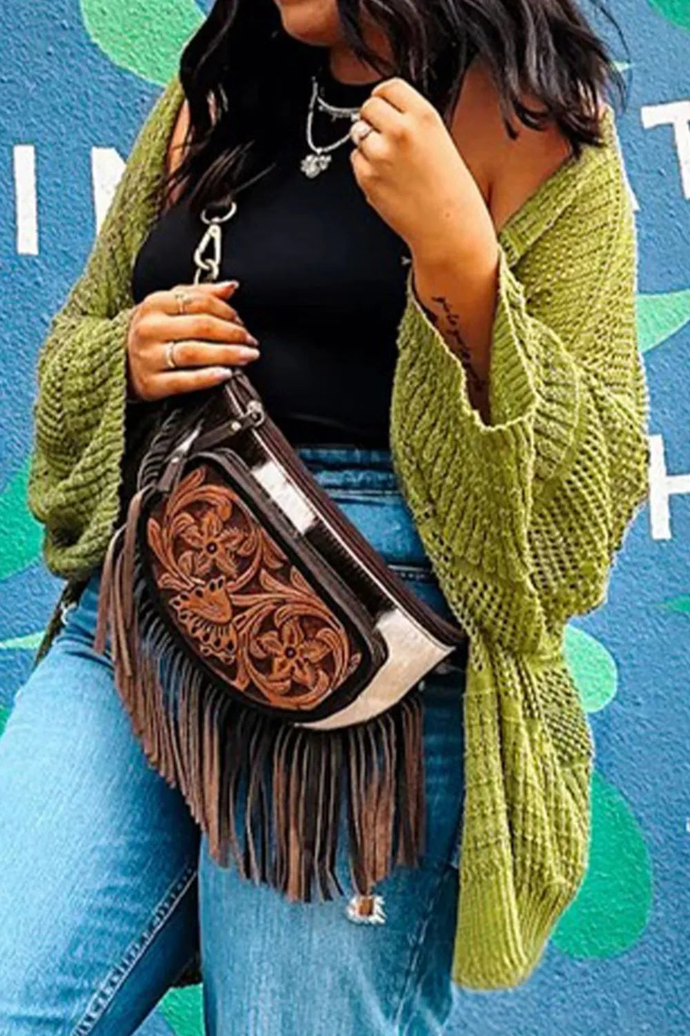 Open front chunky cardigan over tee